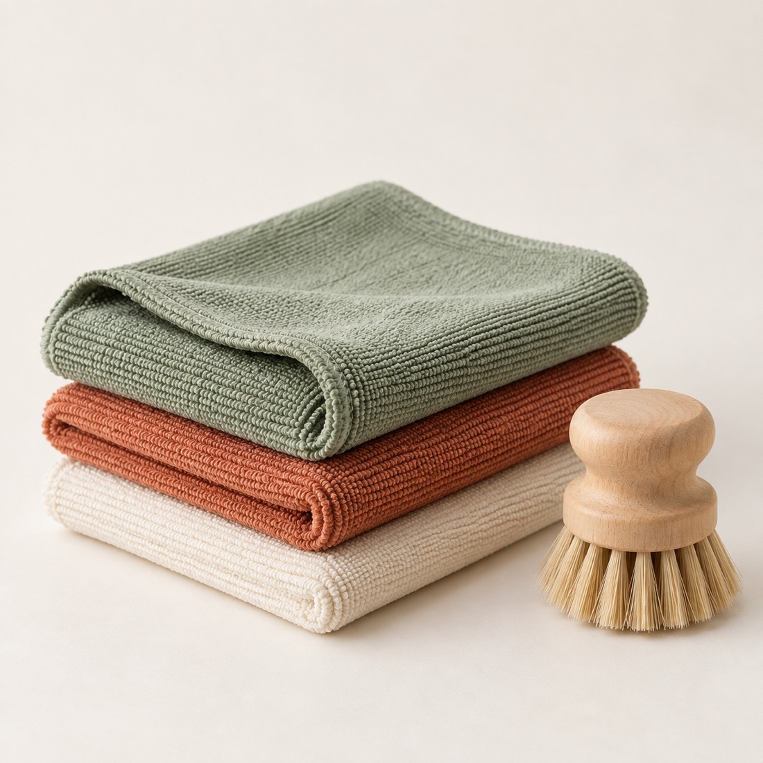Three reusable cleaning cloths and a natural wood cleaning brush
