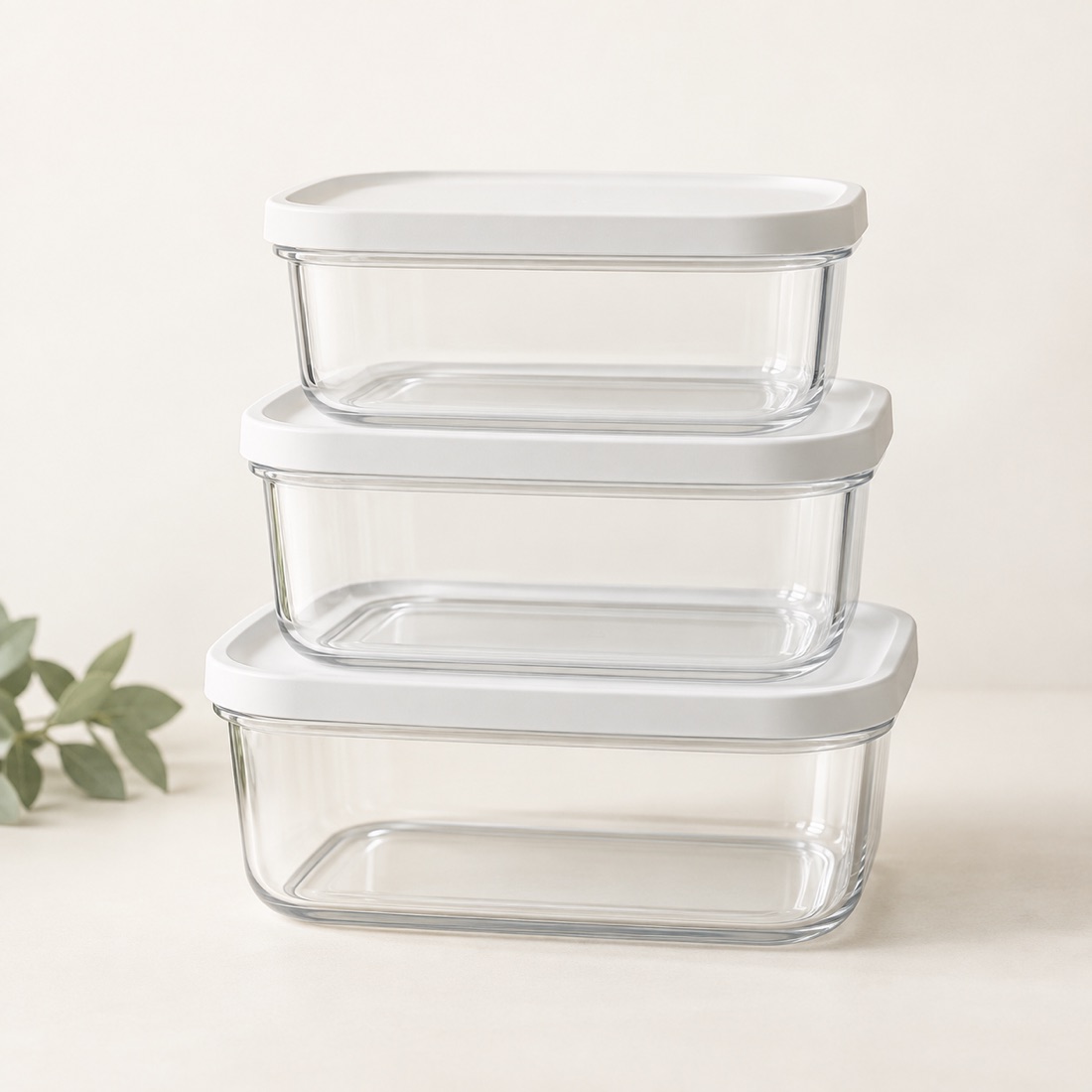 Three clear stackable food storage containers with white lids