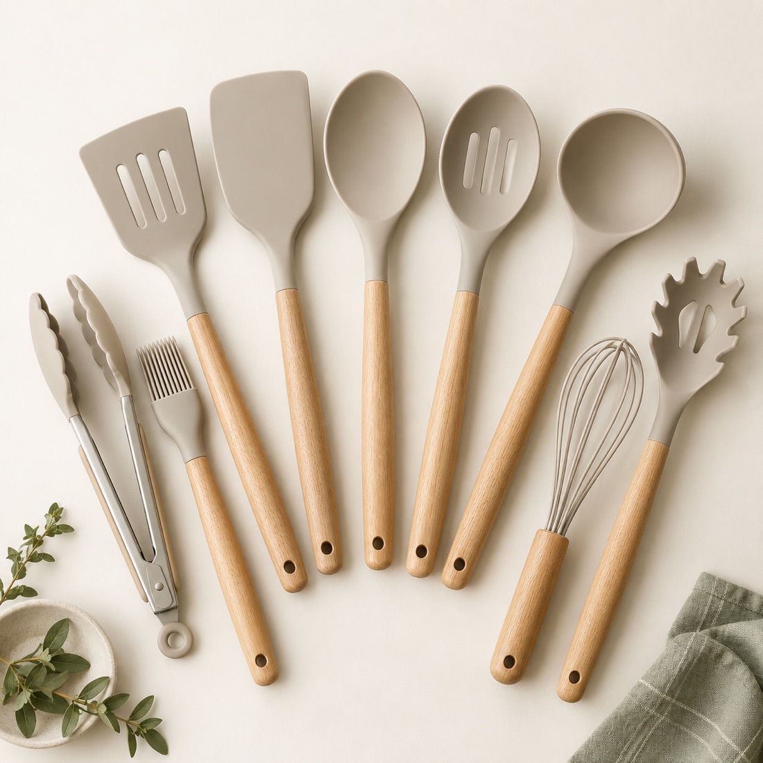Neutral silicone cooking utensils with natural wooden handles